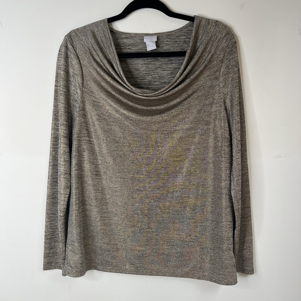 Chico's Gold Metallic Drape Cowl Neck Top Size 1 (8) Sleeve travel Holiday Party